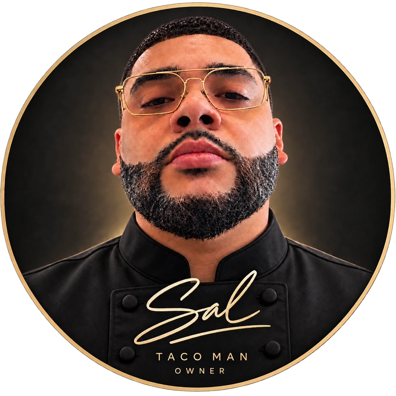 Salvador Gallardo Perez in a gold-bordered round portrait, signed Sal, Taco Man Owner